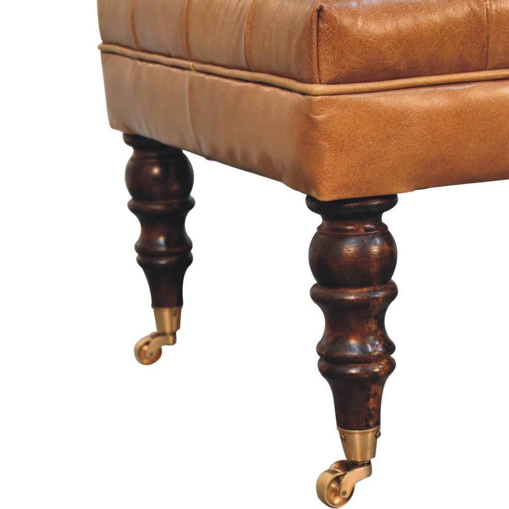 California Walnut Buffalo Brown Leather Ottoman with Castor Legs