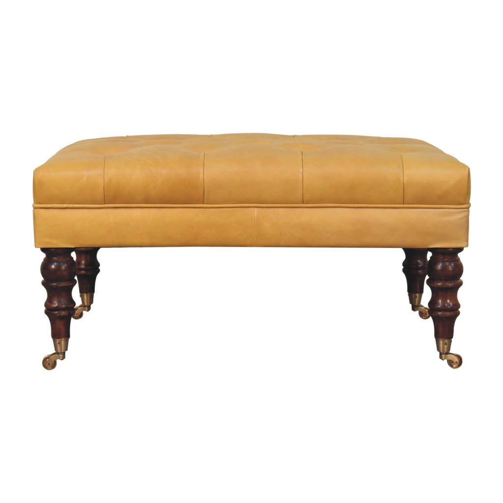 Honey Caramel Buffalo Tan Leather Ottoman with Castor Legs