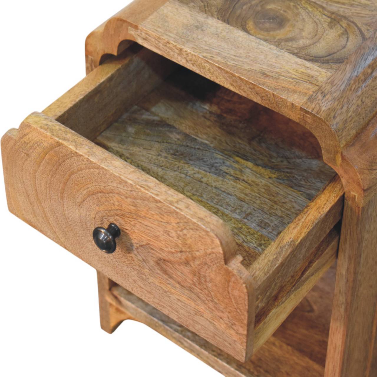Newton Mini Oak-ish Nightstand with a drawer and open shelf