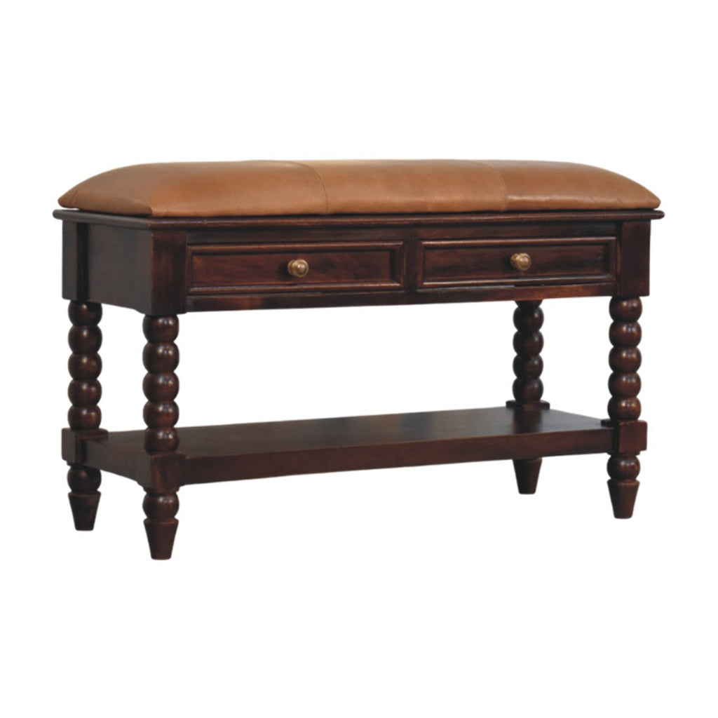 Spindle Winewood Leather Bench