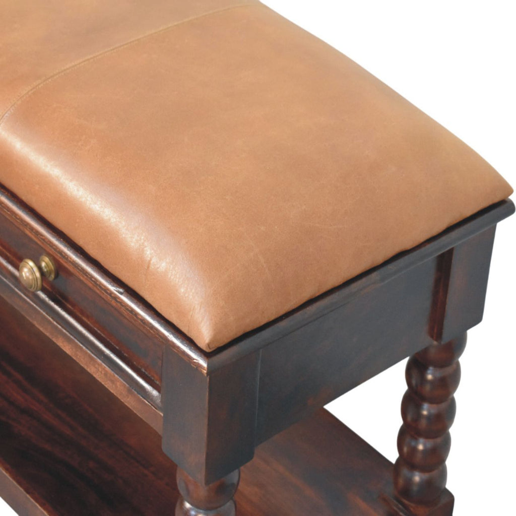 Spindle Winewood Leather Bench