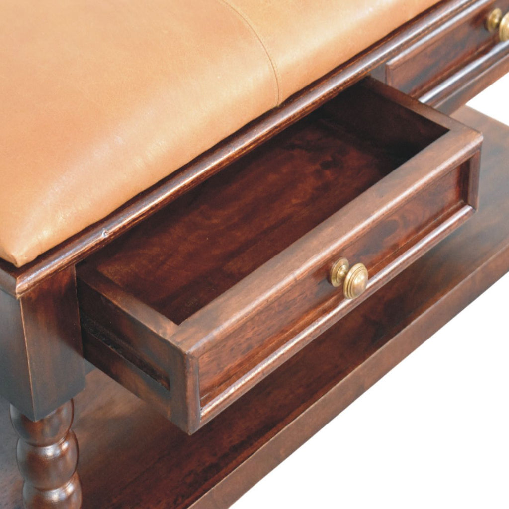Spindle Winewood Leather Bench