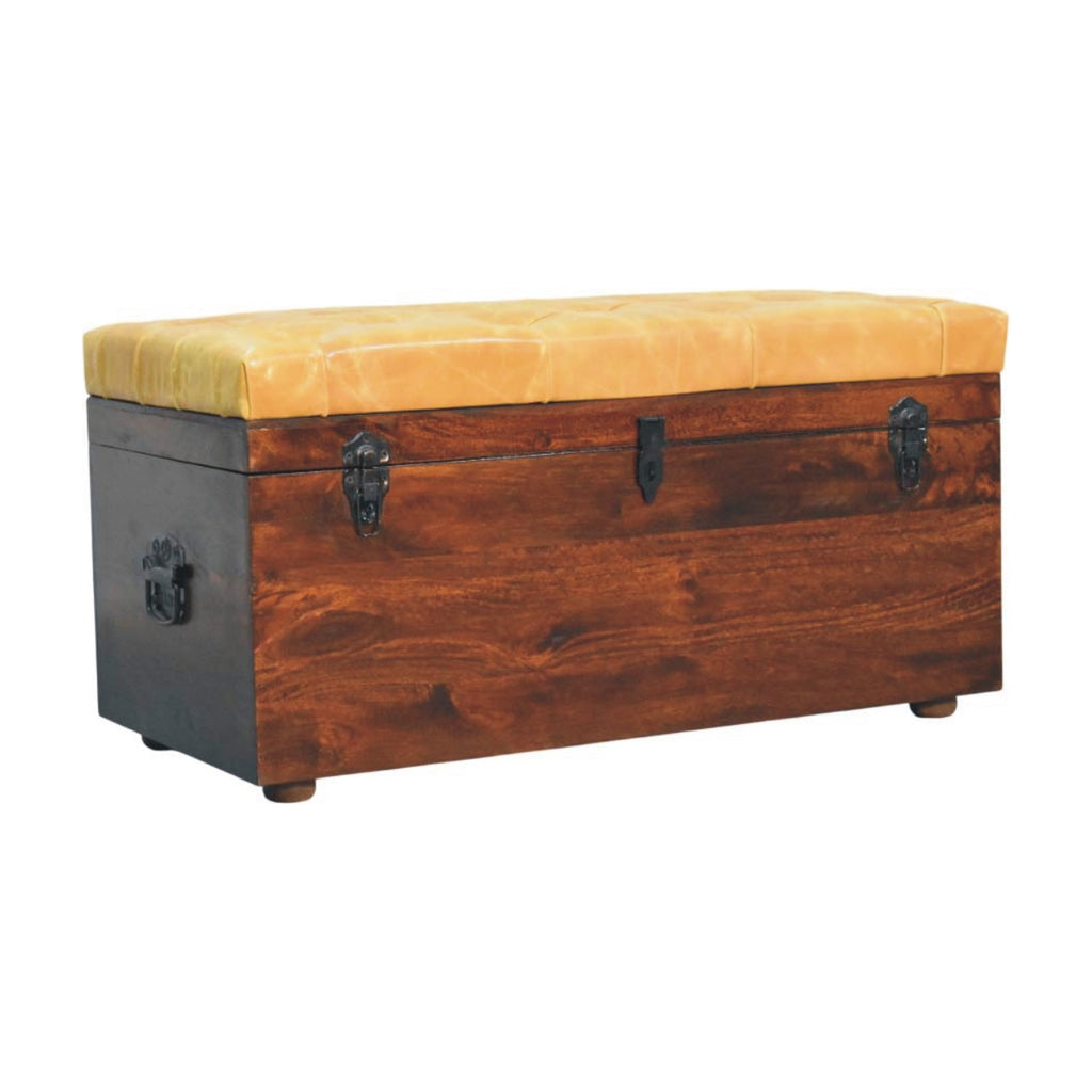 Walnut Storage Trunk Bench with Tan Leather