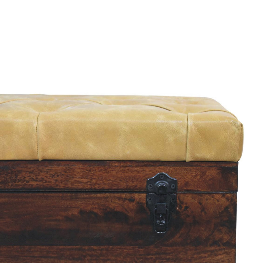 Walnut Storage Trunk Bench with Tan Leather