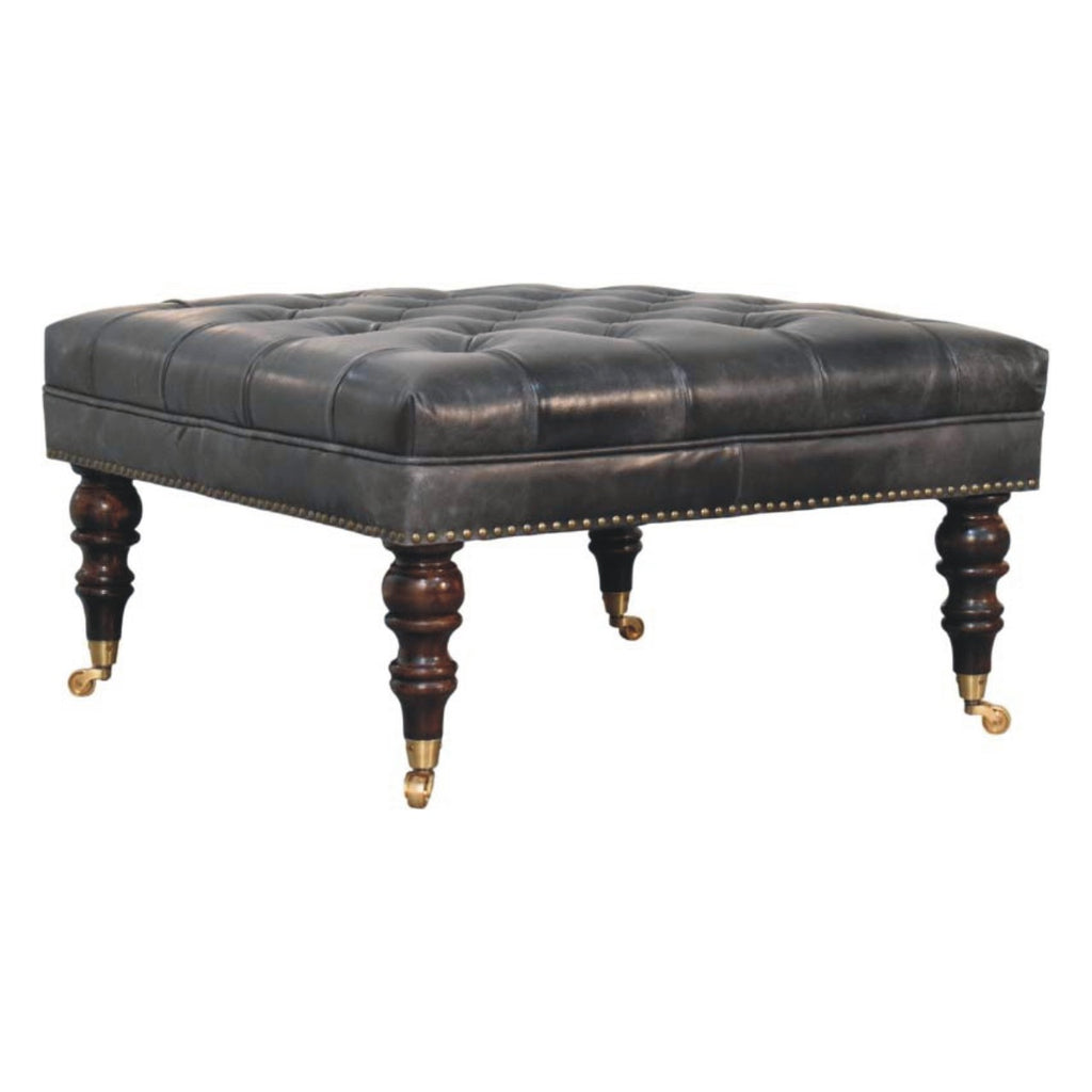 Black Leather Upholstered Ottoman