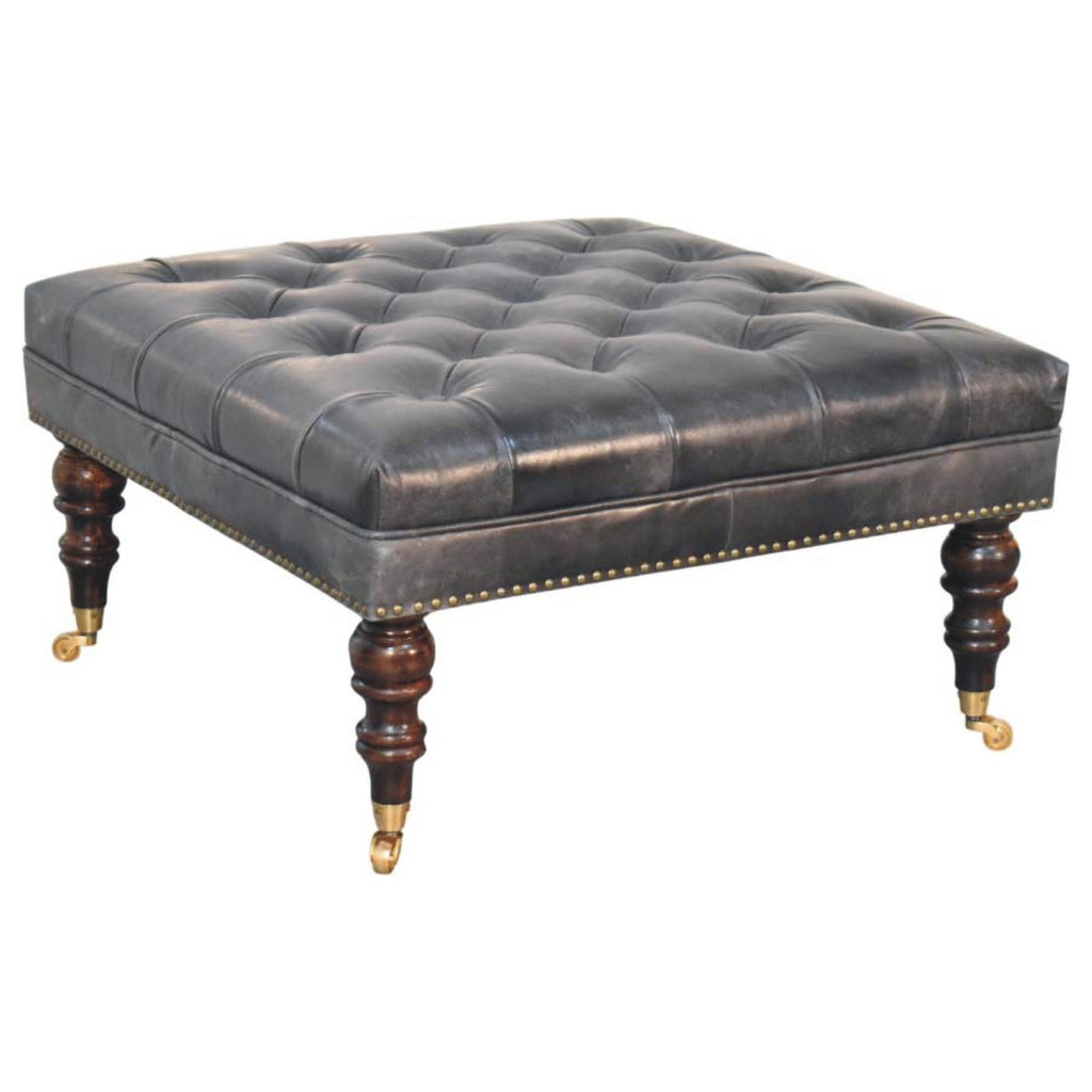 Black Leather Upholstered Ottoman