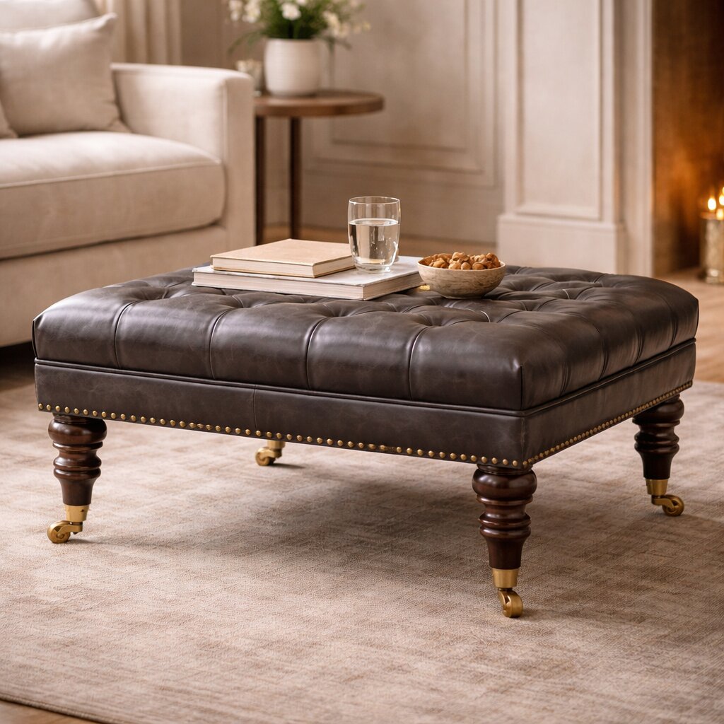 Black Leather Upholstered Ottoman