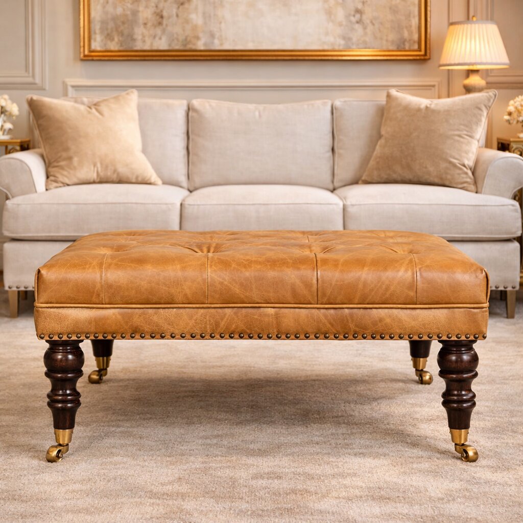 Tan Leather Upholstered Ottoman