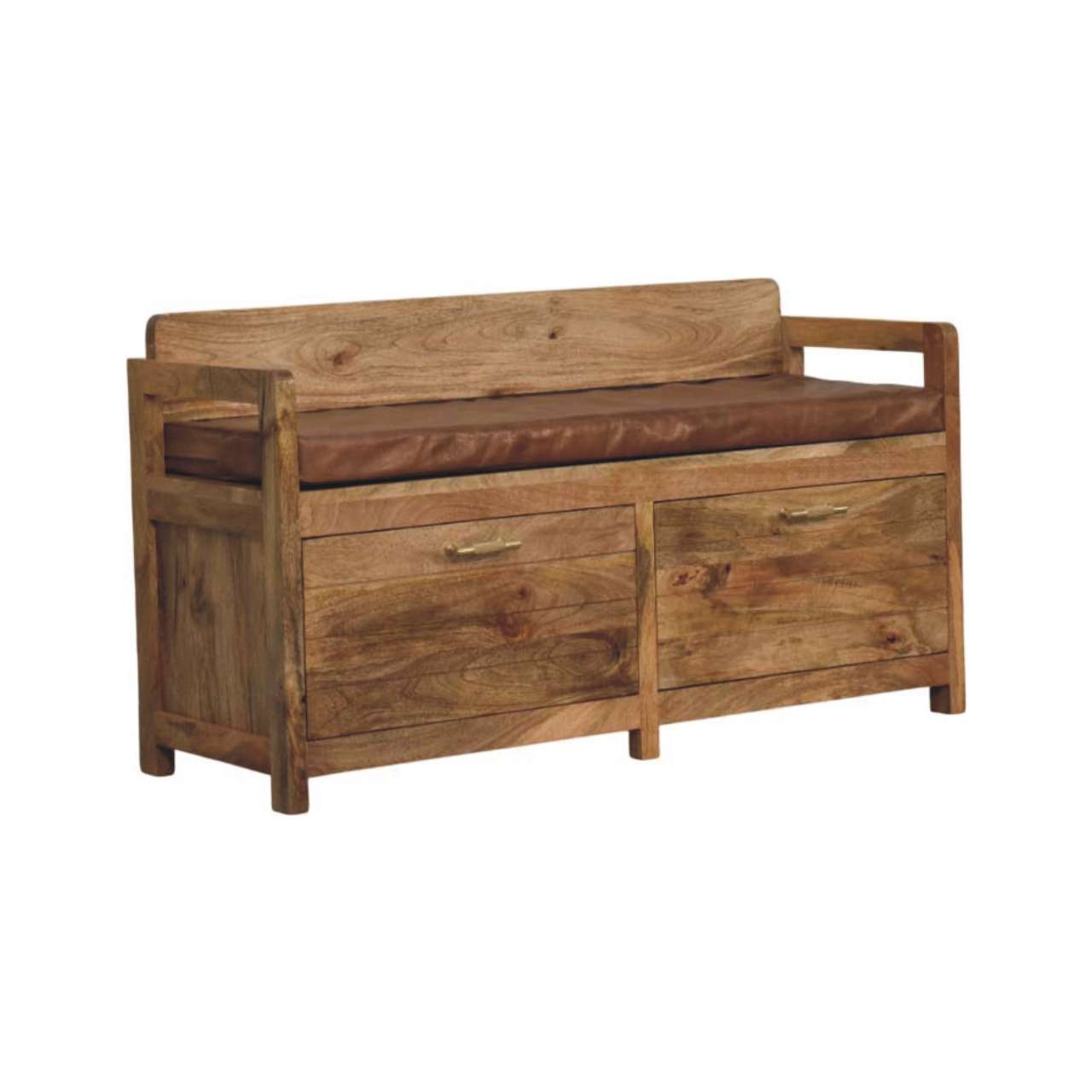 Oakish Storage Bench with Brown Leather Seat
